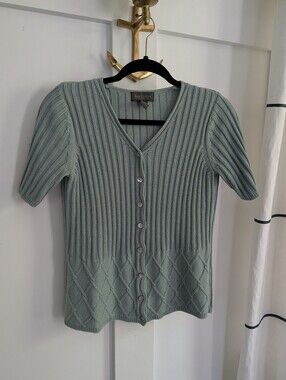 Vintage Van Heusen Pale Sage Green Ribbed Short Sleeve V Neck Cardigan Sweater S
